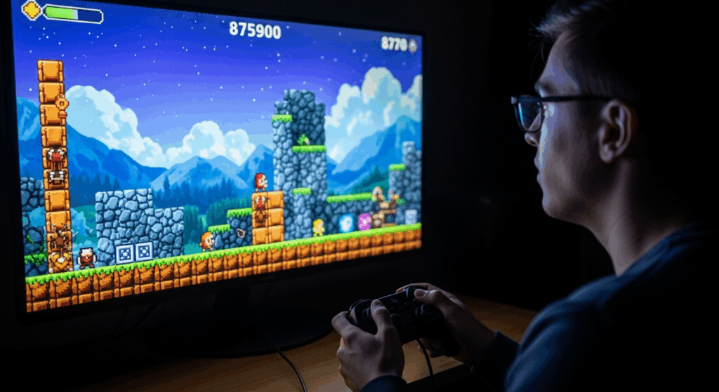 Un gamer jouant sur sa console