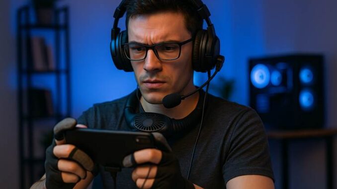 Joueur utilisant des accessoires pour booster sa performance durant une session de gaming sur mobile