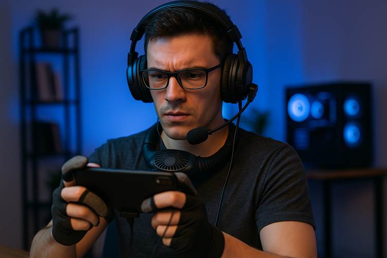Joueur utilisant des accessoires pour booster sa performance durant une session de gaming sur mobile