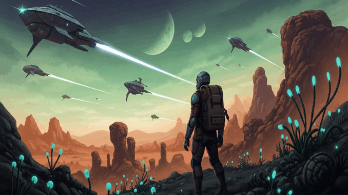 Un explorateur spatial sur une planète inspiré du jeu Intergalactic