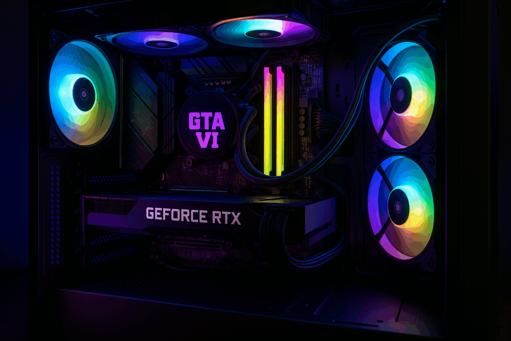 Intérieur d'un PC de gaming puissant avec ses composants, optimisé pour faire tourner le jeu vidéo GTA 6