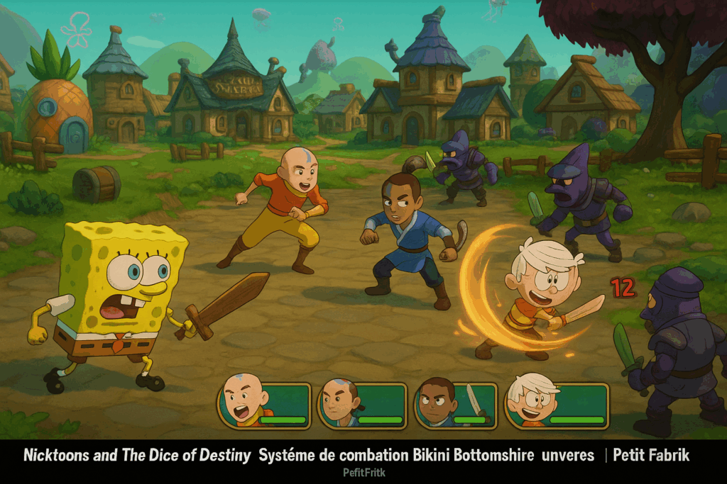 Le système de combat Bikini Bottomshire dans Nicktoons and The Dice of Destiny