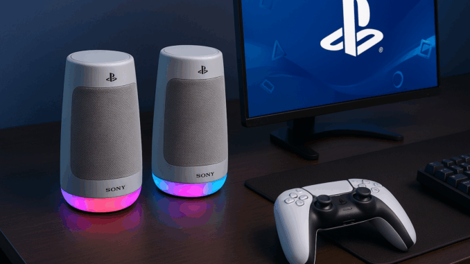 Les enceintes sans fil Pulse Elevate de PlayStation posées sur un bureau de gaming à côté d’un écran PS5