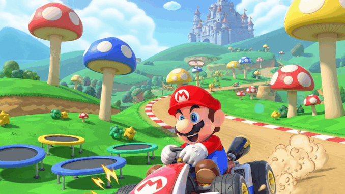 mario-kart Mario pilotant son kart dans le monde ouvert coloré de Mario Kart World