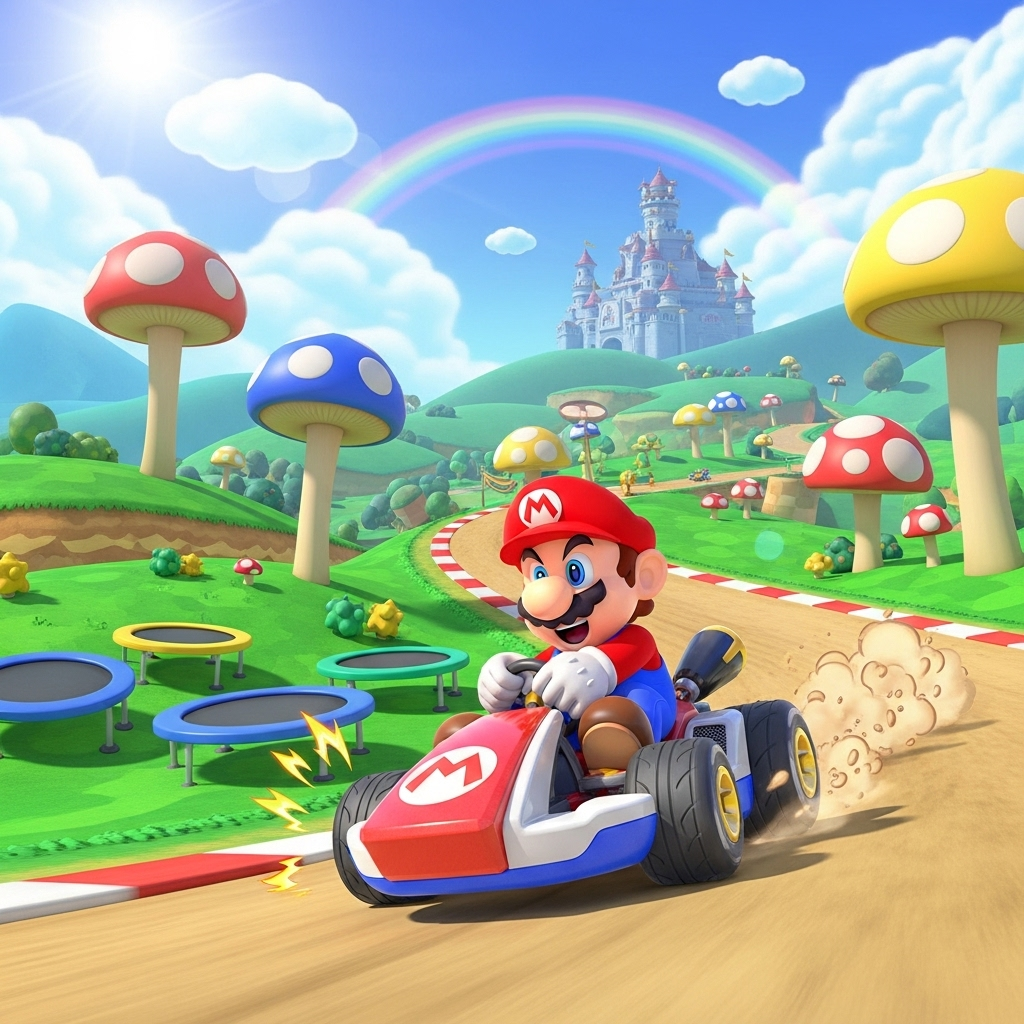Mario pilotant son kart dans le monde ouvert coloré de Mario Kart World