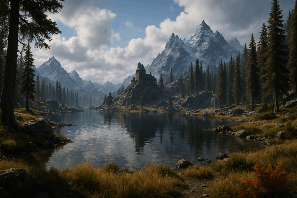 Paysage de Skyrim rendu photoréaliste grâce aux mods graphiques 