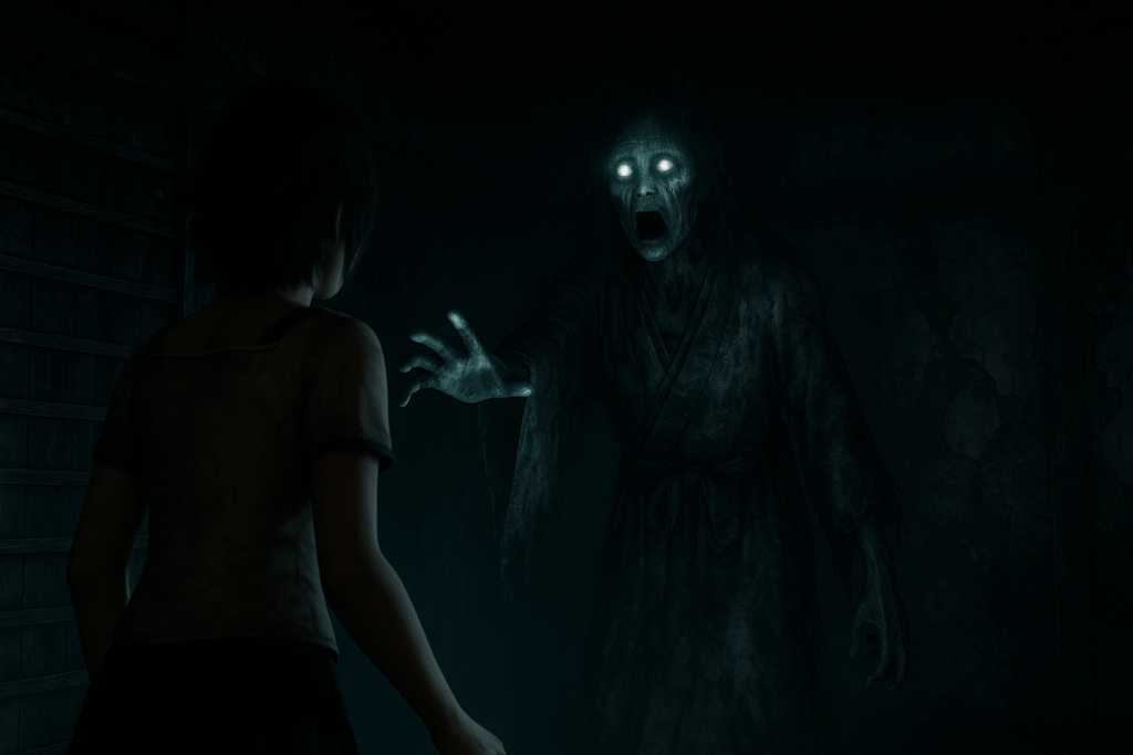 Scène d’horreur du jeu Fatal Frame 2 : Crimson Butterfly Remake, montrant un personnage face à un esprit