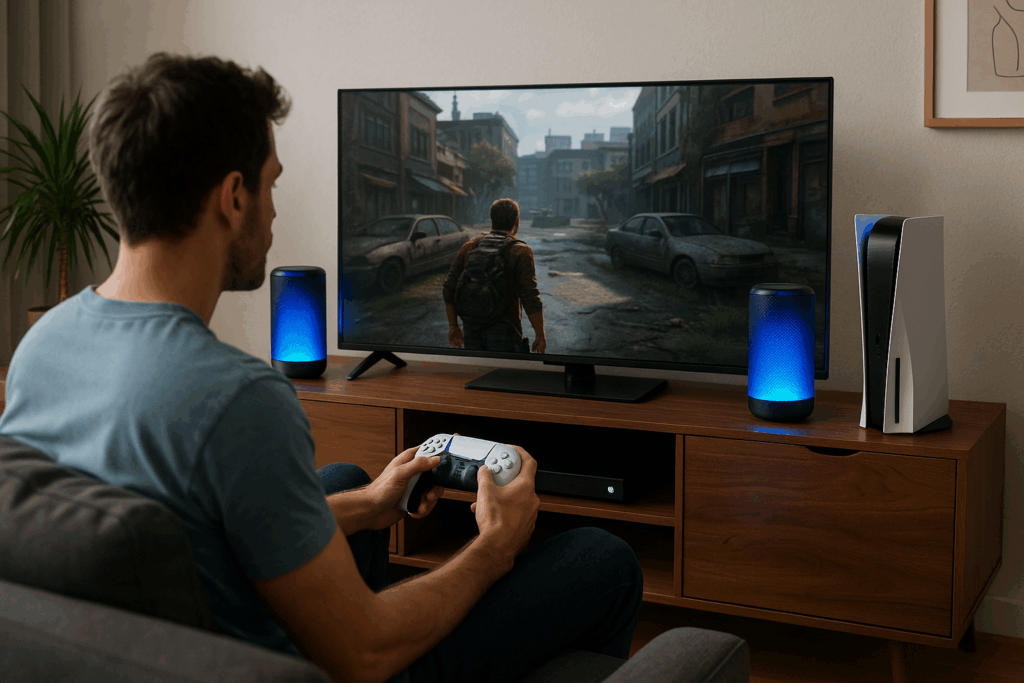 Un joueur profitant du son immersif des enceintes sans fil Pulse Elevate 