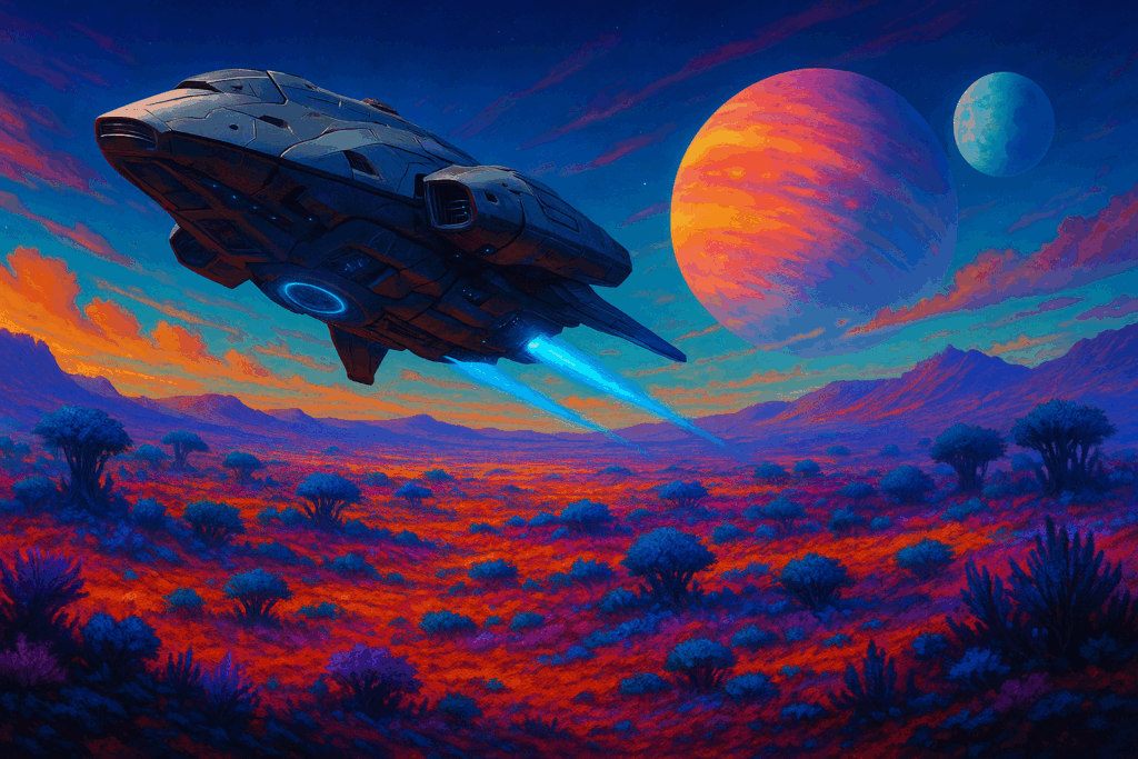 Un vaisseau futuriste survole une planète extraterrestre  dans No Man's Sky