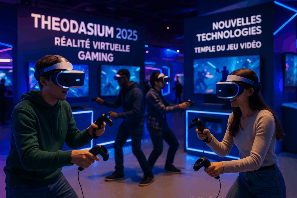 Joueurs testant des casques au Theodasium 2025