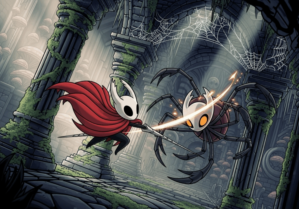 Gameplay d’un Metroidvania comme le jeu Hollow Knight : Silksong