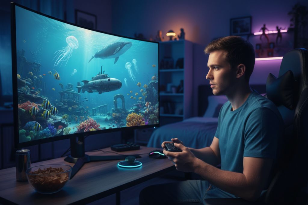 Un joueur qui joue à un jeu d'exploration sous-marine