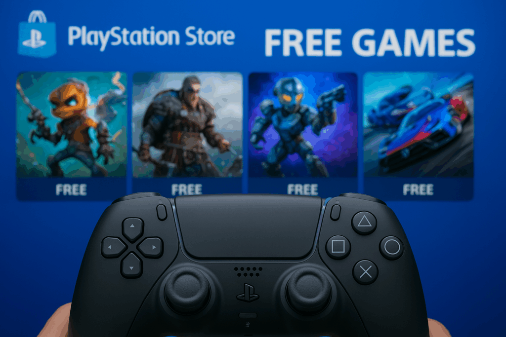 Manette PlayStation devant l'interface du PlayStation Store de Sony