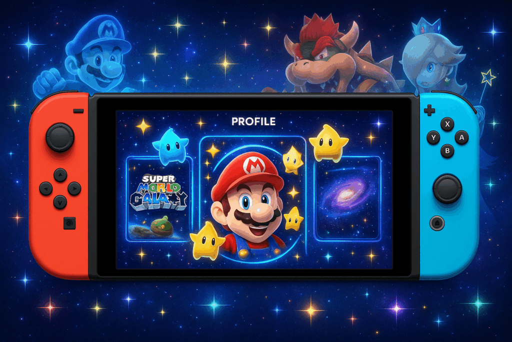 Profil Nintendo Switch décoré aux couleurs de Super Mario Galaxy