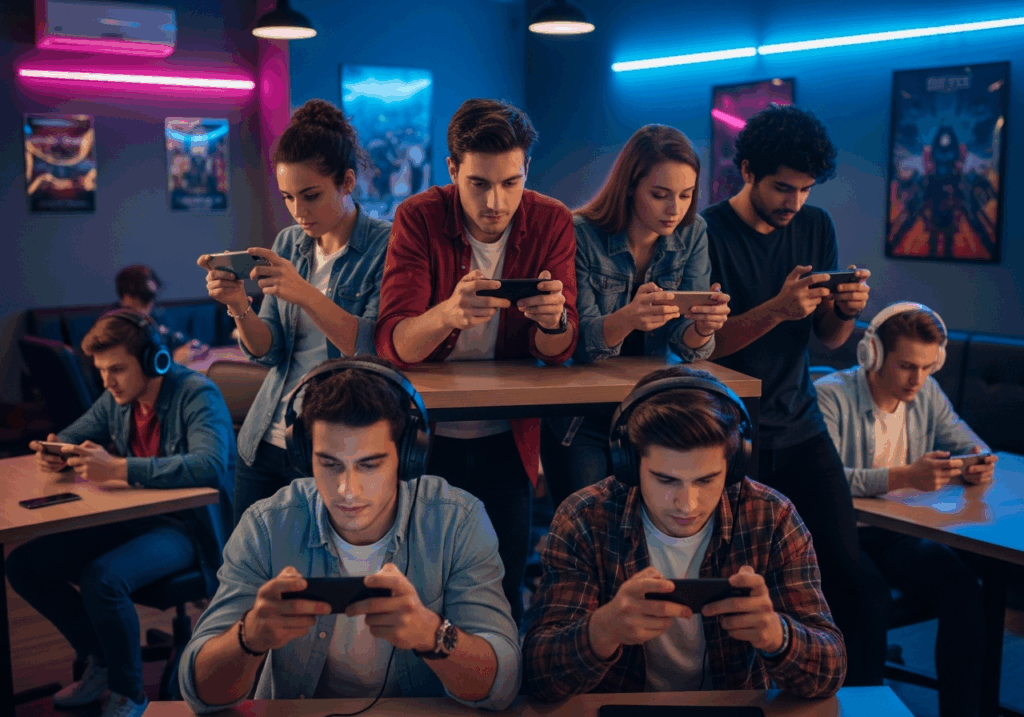Gamers jouant à des jeux mobiles sur smartphones