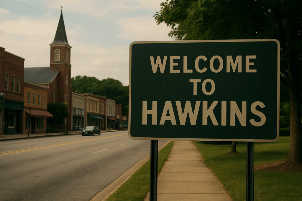 Illustration d’un panneau de la ville de Hawkins