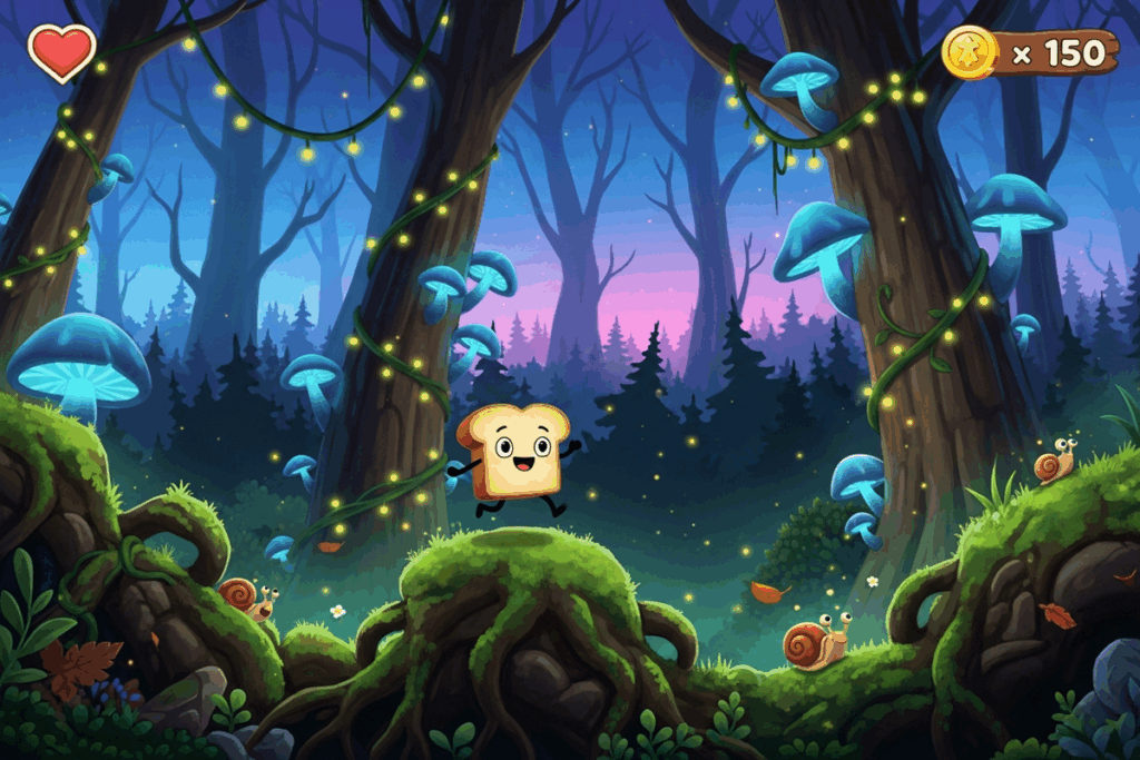 Un toast dans un jeu de plateforme 2D