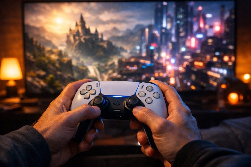 joueur tenant une manette de la PS5