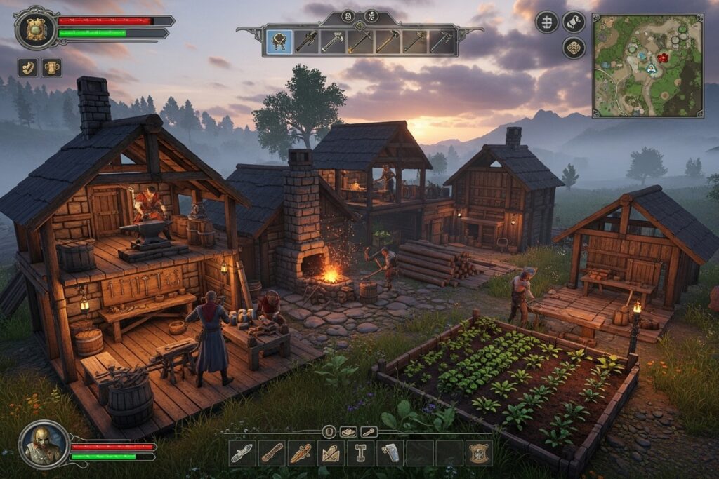 Scène de construction d’un jeu comme Enshrouded