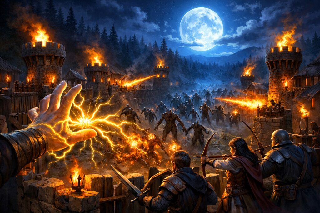 Scène de défense nocturne comme dans Masters of Albion