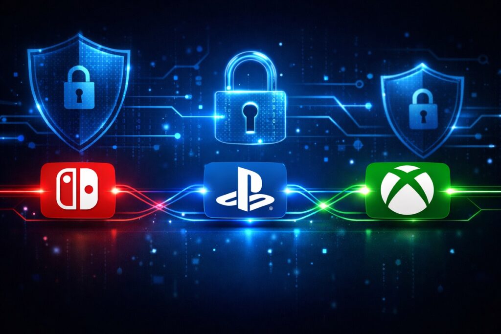 composition graphique des logos de Nintendo, Sony et Microsoft