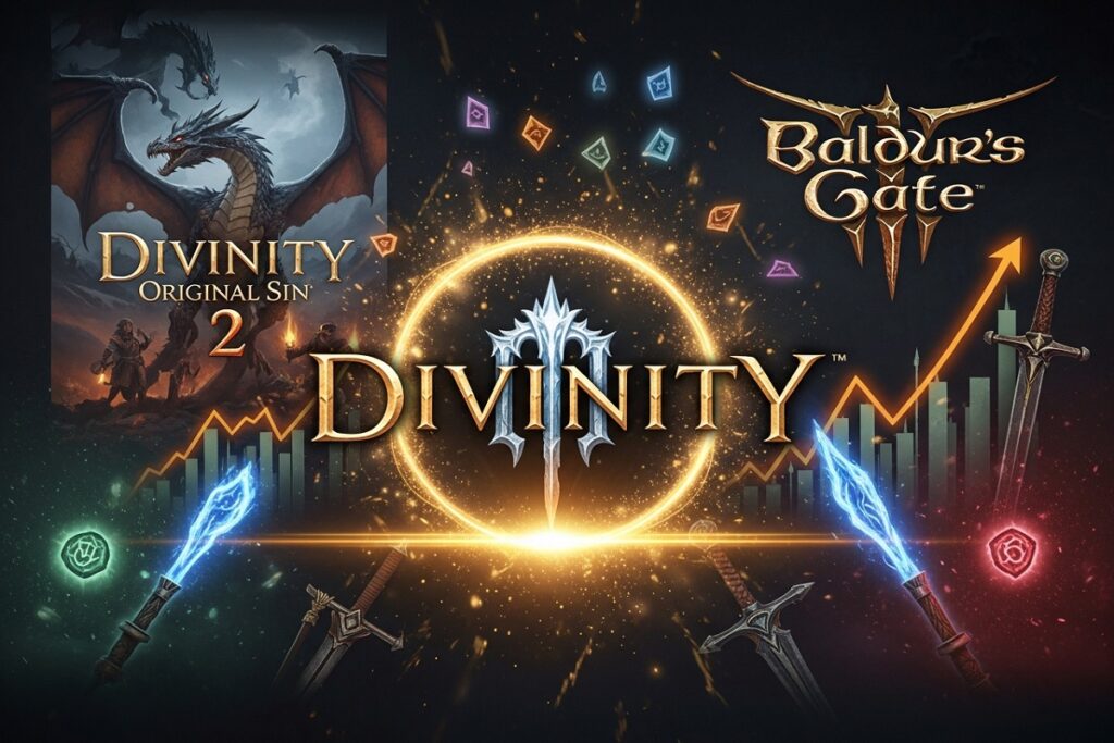 composition visuelle autour de l'annonce de Divinity