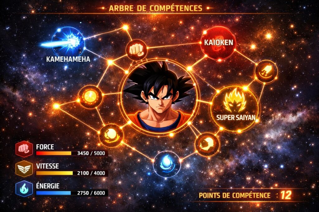 interface de progression d’un jeu comme Dragon Ball Z : Kakarot