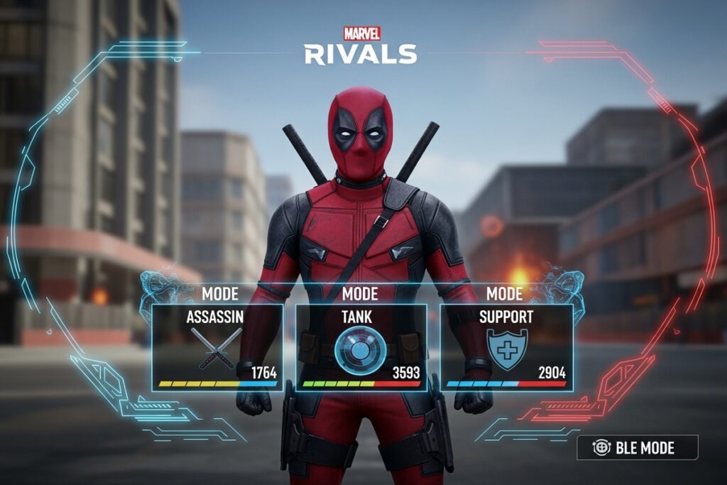 interface d'un jeu comme Marvel Rivals avec Deadpool
