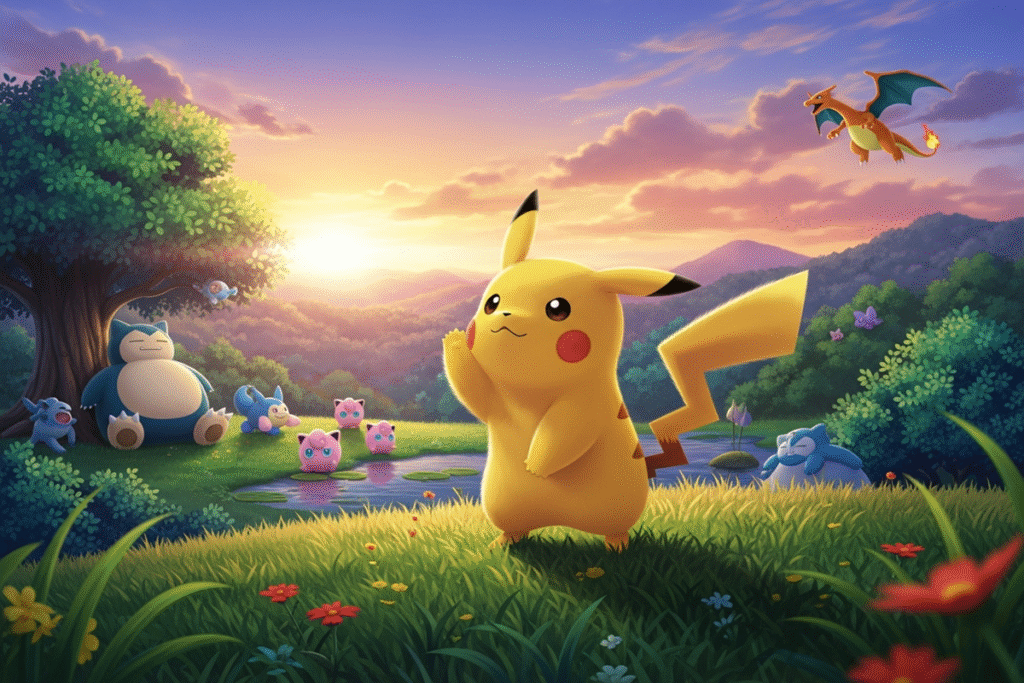 Pikachu et des Pokémon dans une vallée