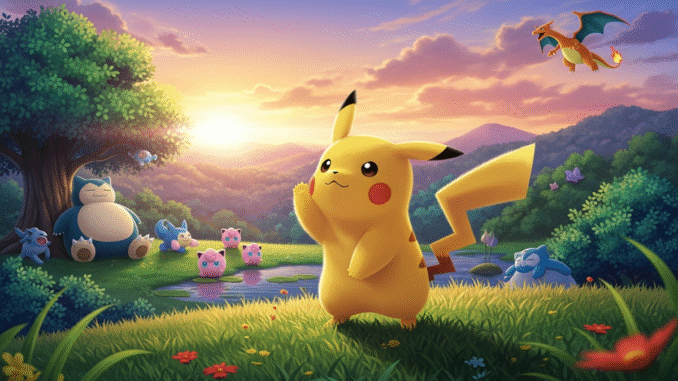 Pikachu et des Pokémon dans une vallée