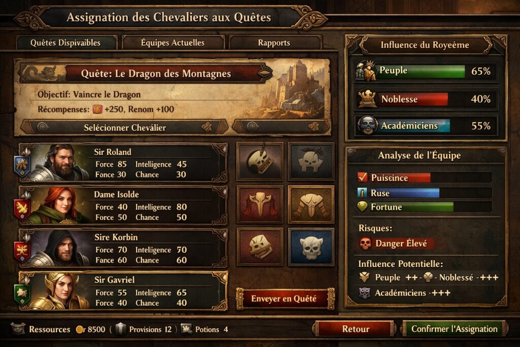 système d'assignation des chevaliers similaire à Sovereign Tower