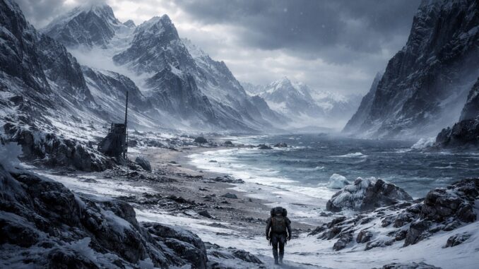 paysage montagneux enneigé comme dans Death Stranding 2 On the Beach