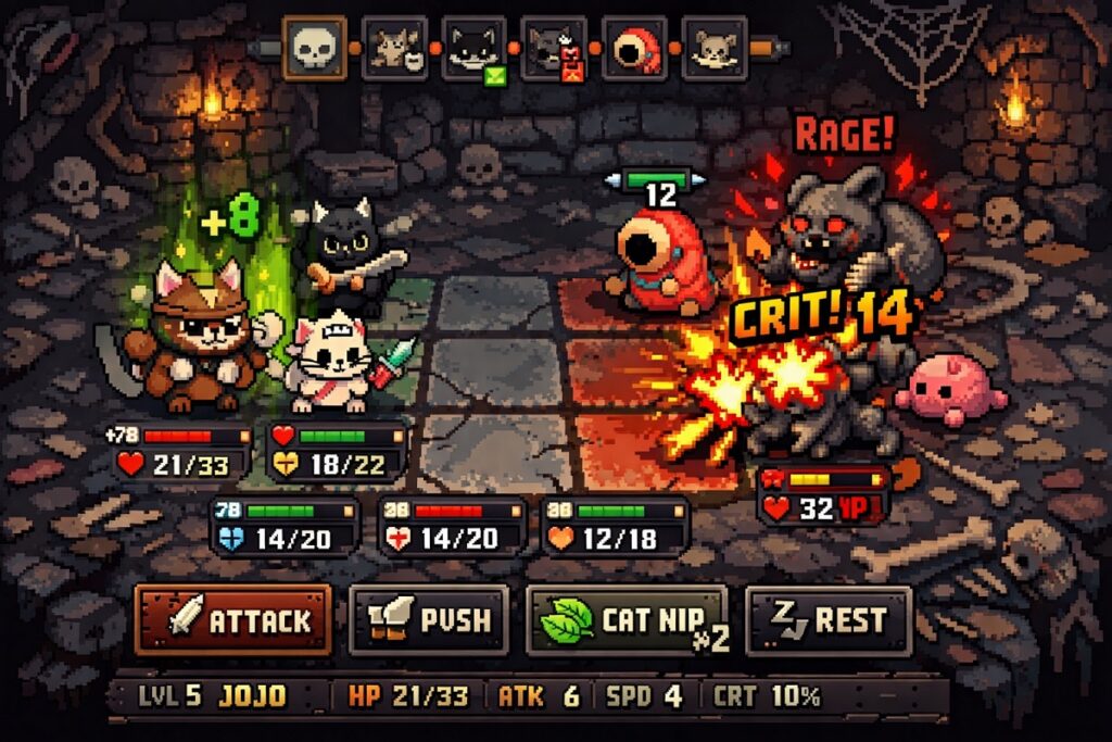 Gameplay d’un jeu tactique come Mewgenics