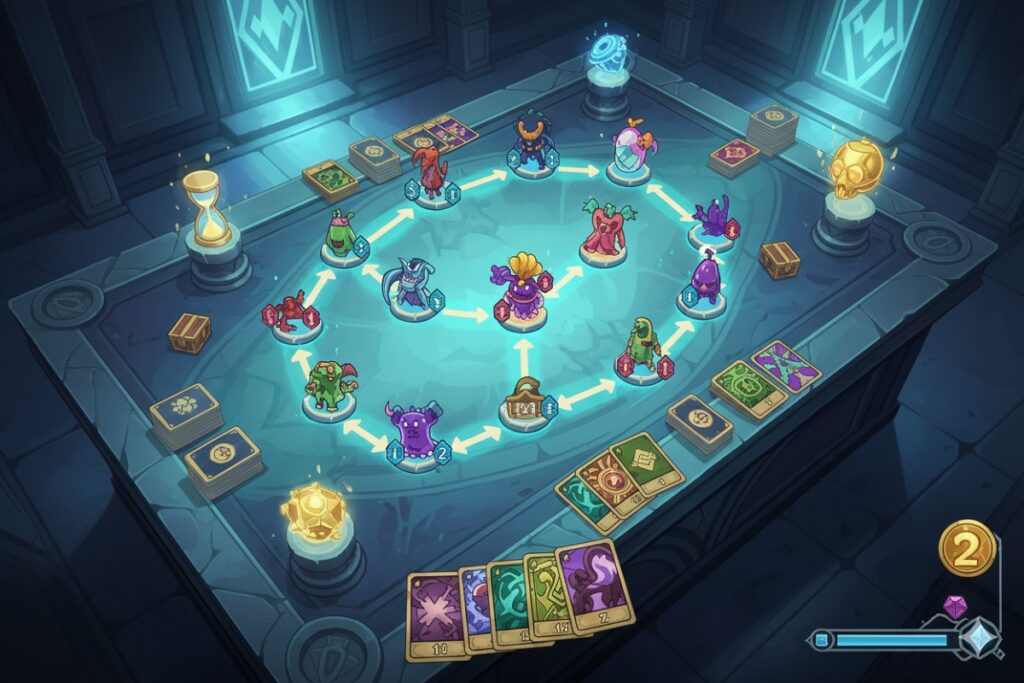 Plateau de jeu de cartes inspiré de Slay The Spire 2