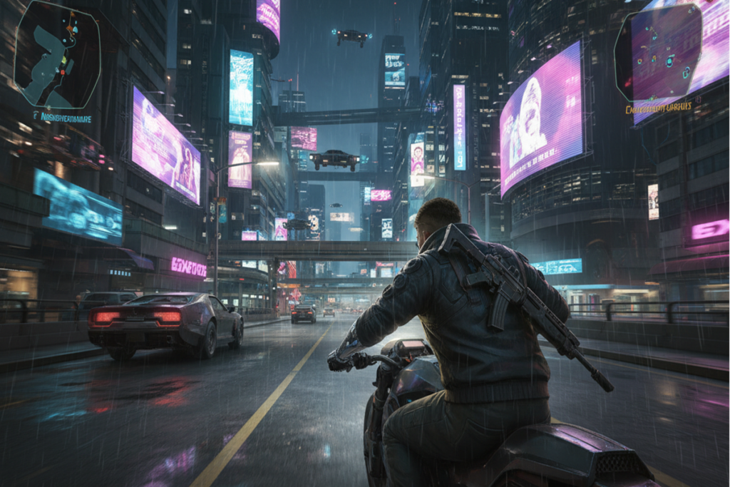 Gameplay d’un jeu futuriste similaire à Cyberpunk 2077