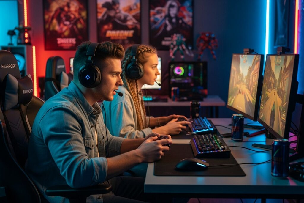 gamers jouant sur consoles et PC