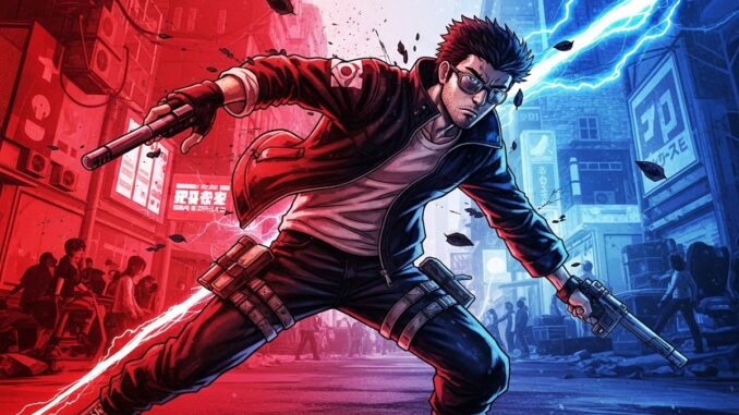 illustration dynamique inspirée d’un jeu de Suda51