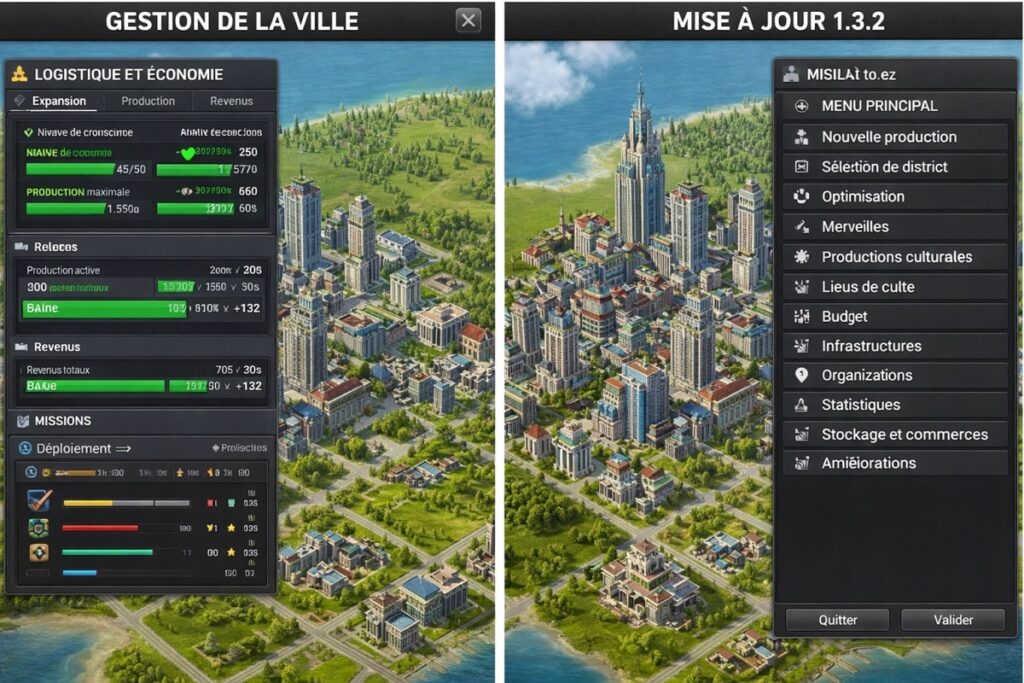 interface de gestion d’un jeu comme Civilization VII