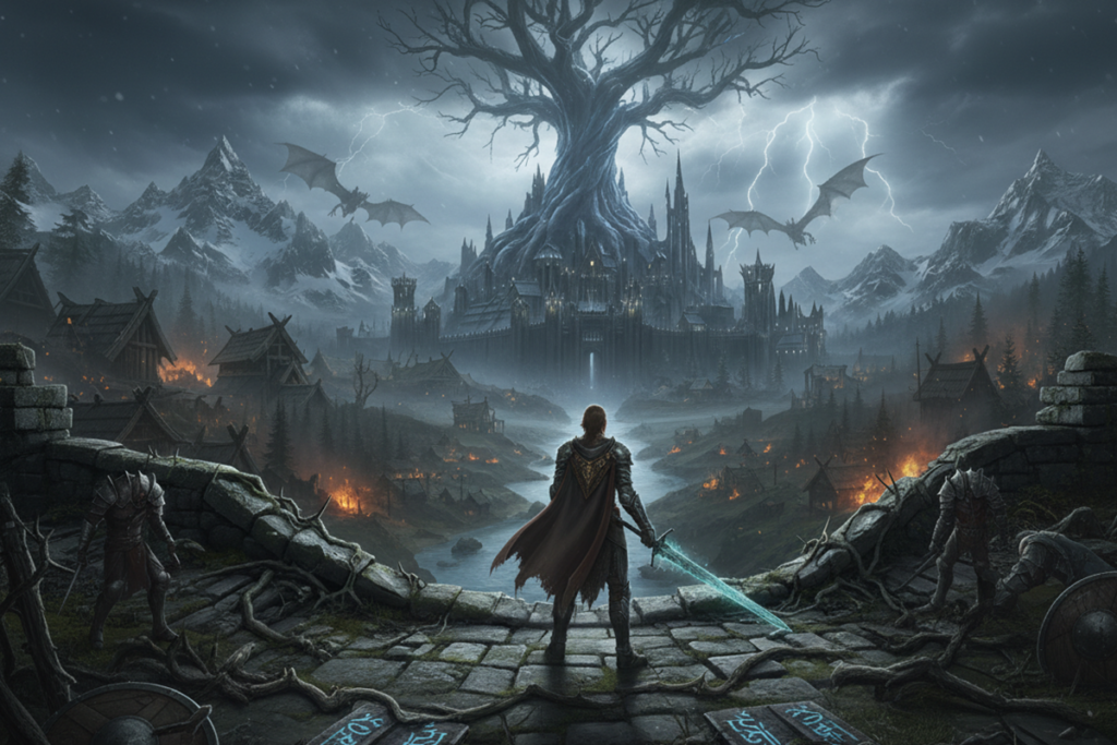 Gameplay d’un jeu action-RPG dark fantasy comme Avowed