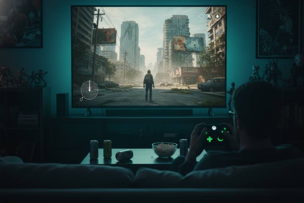 Un joueur qui joue sur sa console