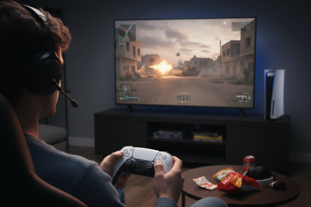 Un joueur qui joue à un FPS similaire à Battlefield 6