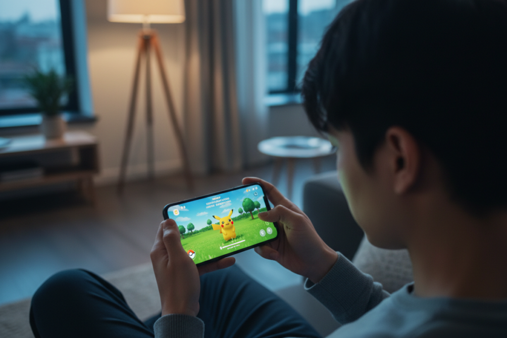 Une personne qui joue à un jeu Pokémon sur mobile
