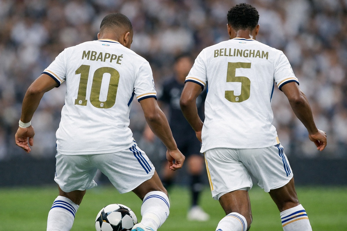 Mbappé et Bellingham sur un terrain de foot