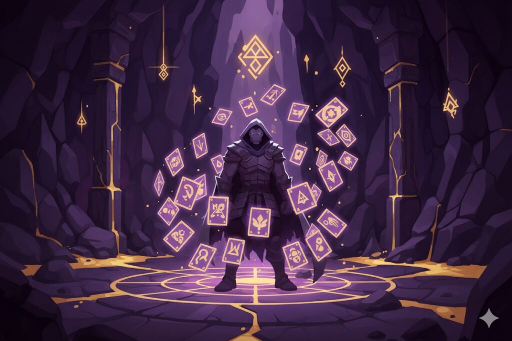 personnage entouré de cartes comme dans Slay the Spire 2