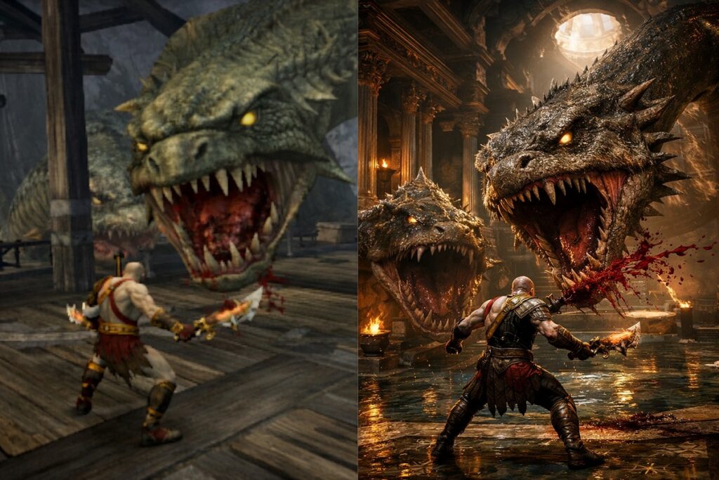 scène de combat inspirée de God of War Trilogy Remake