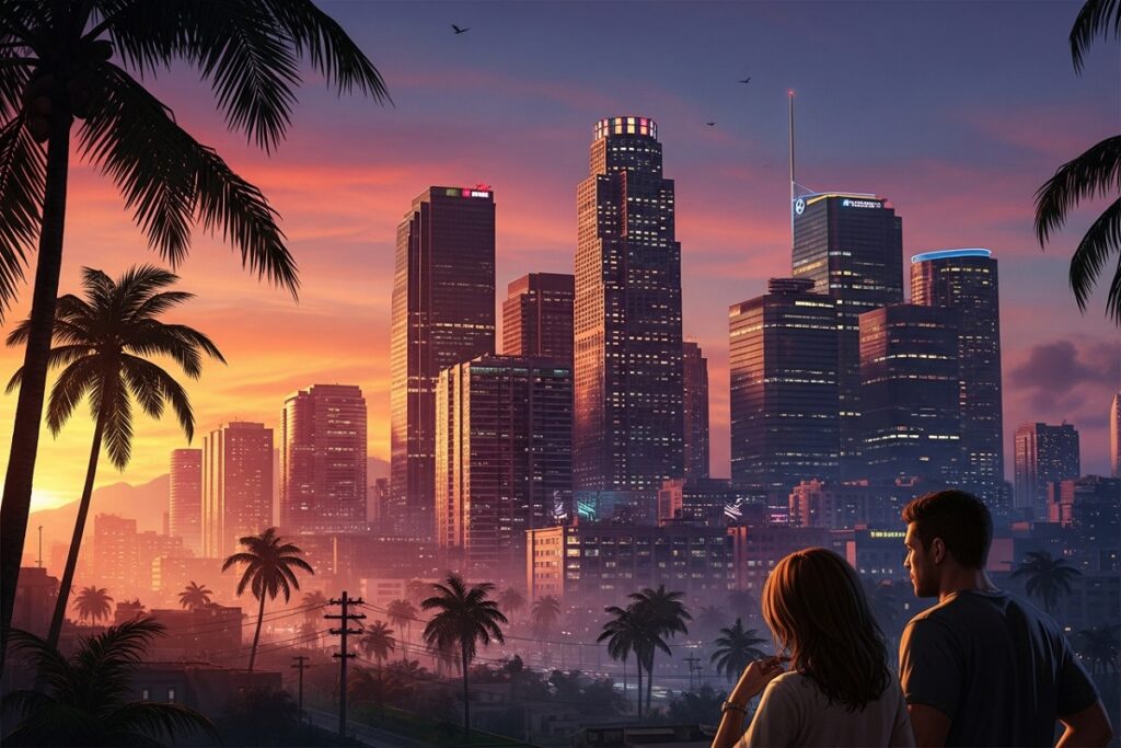 vue panoramique d’une ville moderne d’un jeu de Take-Two