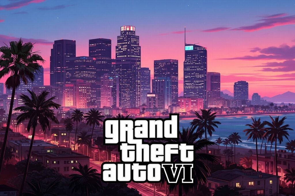 vue panoramique stylisée de Vice City inspirée de GTA VI