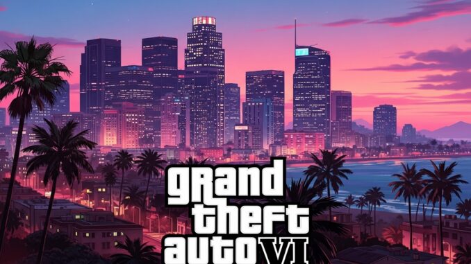 vue panoramique stylisée de Vice City inspirée de GTA VI