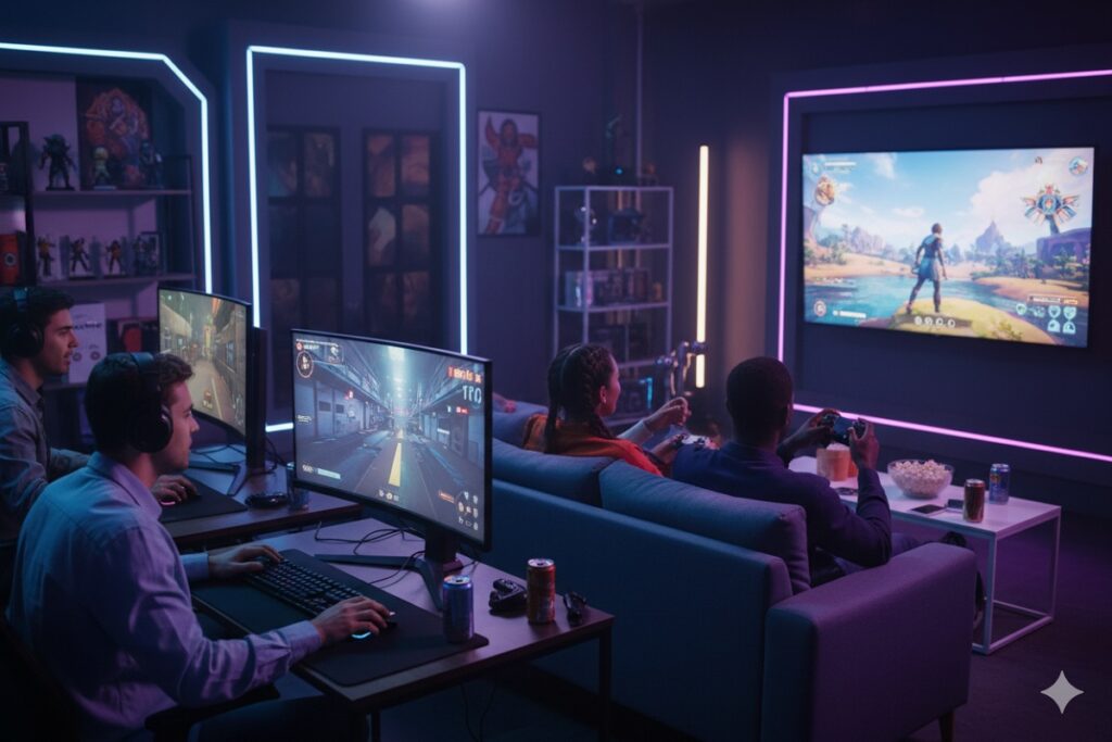 des joueurs testant de nouvelles sorties jeux vidéo