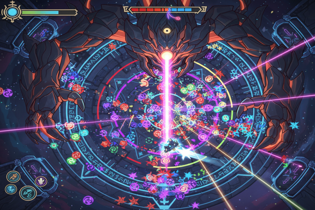 Gameplay d’un jeu de tir en vue par le dessus comme Minishoot’ Adventures